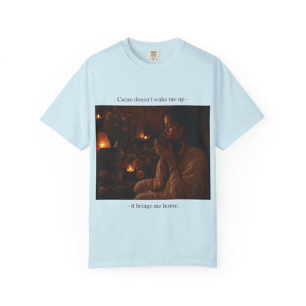 Cacao Doesn't Wake Me Up T-Shirt — Cozy Candlelit Illustration Tee