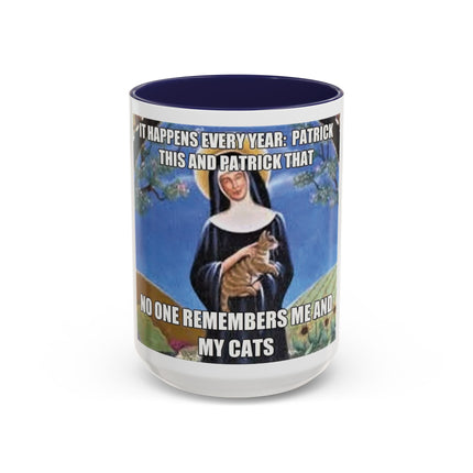 Saint with Cats Coffee Mug – "No One Remembers Me and My Cats" Accent Mug