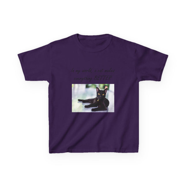 Kids Cat Lover Tee – “A Cat Makes Everything Better” – Heavy Cotton