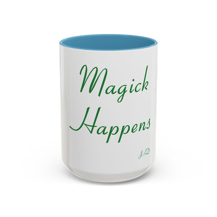 Magick Happens Coffee Mug — Witchy Green Script Accent Mug (11/15oz)