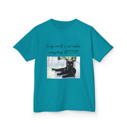 Kids Cat Lover Tee – “A Cat Makes Everything Better” – Heavy Cotton