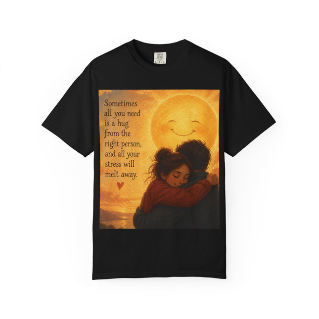 Hug Melt Away T-Shirt — Warm Sunset Illustration & Quote