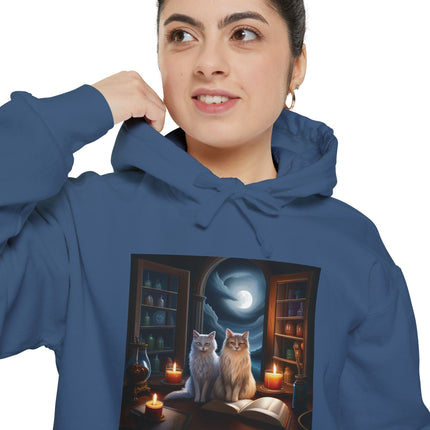 Mystic Cat Library Hoodie — Moonlit Cats, Candles & Spellbook Graphic Hoodie