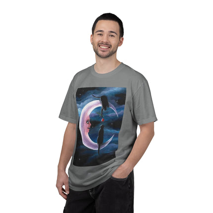 Moonlight Cats Graphic T‑Shirt — Romantic Crescent Moon Art Tee