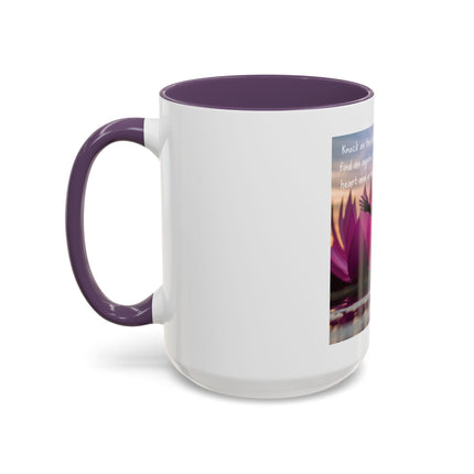 Inspirational Lotus Sunrise Coffee Mug — "knock on the door to my soul"
