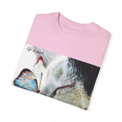 Inspirational Cat & Butterfly T-Shirt | Life is Short Quote