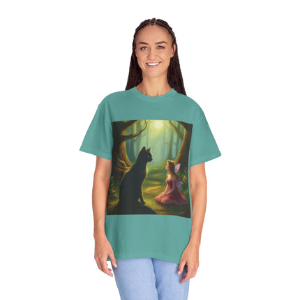 Fairy and Black Cat Forest T-Shirt — Enchanted Woodland Magic Tee