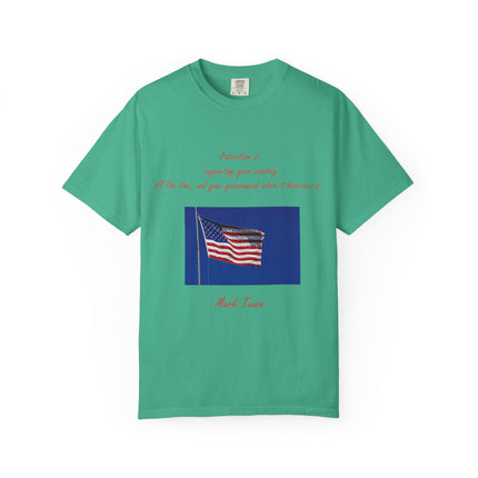 Patriotic Unisex Garment-Dyed T-Shirt with American Flag – Quote by Mark Twain