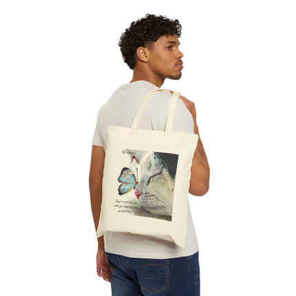Canvas Tote Bag — Cat & Butterfly Vintage Photo Print, Inspirational Quote