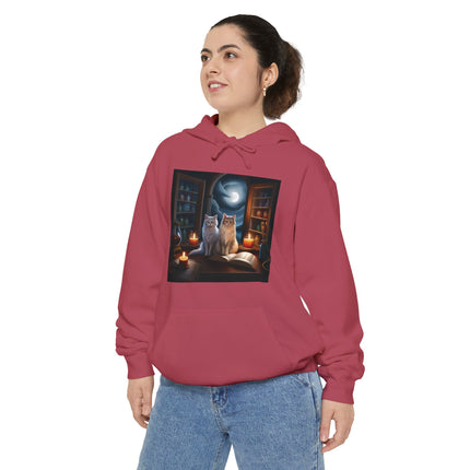 Mystic Cat Library Hoodie — Moonlit Cats, Candles & Spellbook Graphic Hoodie