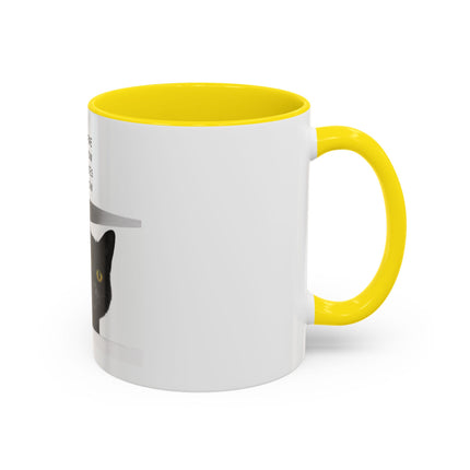 Black Cat Coffee Mug — “In the Here In the Now No Worries Only Meow” Accent Mug