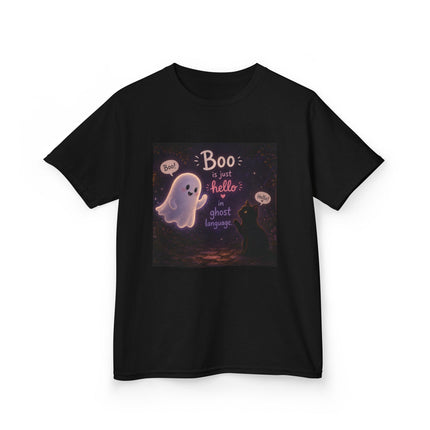 Kids Halloween Tee — "Boo: Hello Ghost Language" Cute Ghost Shirt