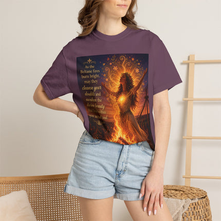 Burning Bright: Beltane Fire Goddess T-Shirt — "As the Beltane fires burn bright" Spiritual Pagan Tee