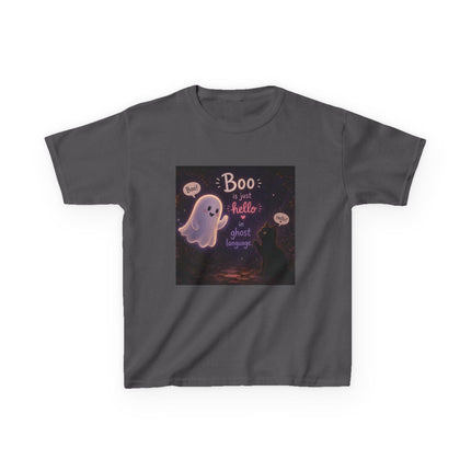 Kids Halloween Tee — "Boo: Hello Ghost Language" Cute Ghost Shirt