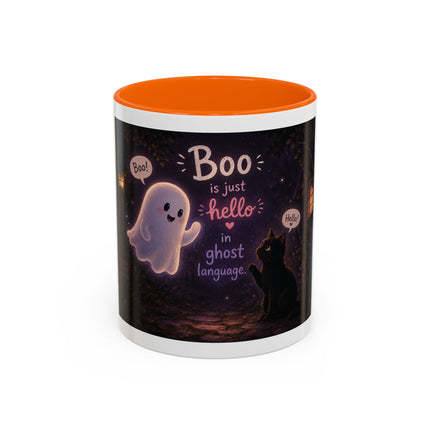 Halloween Ghost Coffee Mug — “Boo is just hello in ghost language” Accent Mug