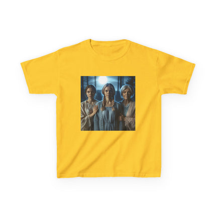 Triple Goddess Kids Tee – Mystical Sisters Graphic Cotton Shirt