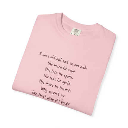 Poem & Owl Graphic T‑Shirt — 'A wise old owl...' Nature Poetry Tee
