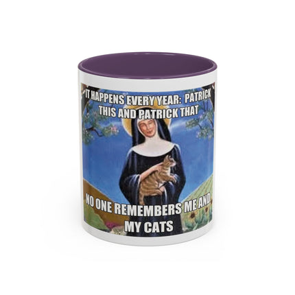 Saint with Cats Coffee Mug – "No One Remembers Me and My Cats" Accent Mug