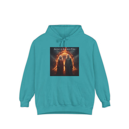 Hoodie - "Aging Is Sacred Fire" Fantasy Cloaked Figures Fire Portal Graphic Hoodie