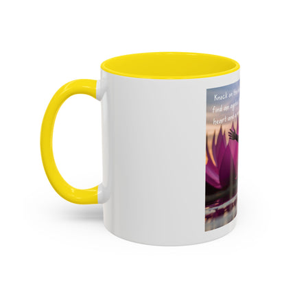 Inspirational Lotus Sunrise Coffee Mug — "knock on the door to my soul"