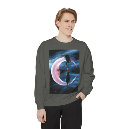 Moonlit Cats Sweatshirt —Whimsical Crescent Moon & Black Cat Graphic