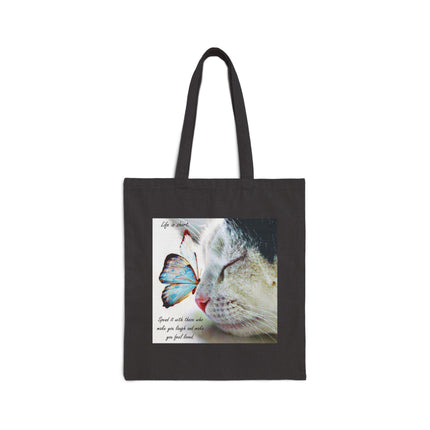 Canvas Tote Bag — Cat & Butterfly Vintage Photo Print, Inspirational Quote
