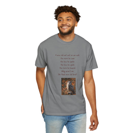 Poem & Owl Graphic T‑Shirt — 'A wise old owl...' Nature Poetry Tee