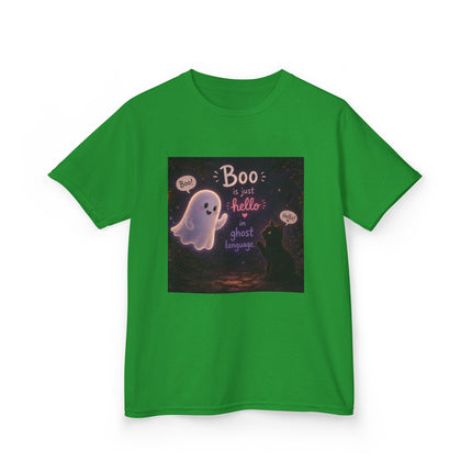 Kids Halloween Tee — "Boo: Hello Ghost Language" Cute Ghost Shirt
