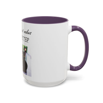 Cat Lover Accent Coffee Mug — "In my world, a cat makes everything BETTER" (11/15oz)