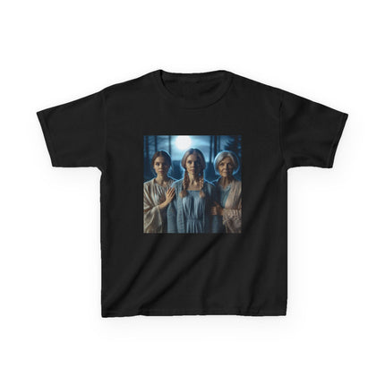 Triple Goddess Kids Tee – Mystical Sisters Graphic Cotton Shirt