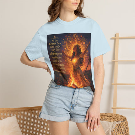 Burning Bright: Beltane Fire Goddess T-Shirt — "As the Beltane fires burn bright" Spiritual Pagan Tee