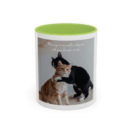 Cat Hug Coffee Mug – "Marriage is an Endless Sleepover" Accent Mug