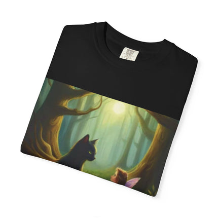 Fairy and Black Cat Forest T-Shirt — Enchanted Woodland Magic Tee