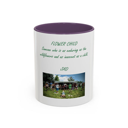 Flower Child Coffee Mug — 'Flower Child' Photo Mug with Green Script (11/15 oz)