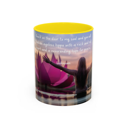 Ageless Hippie Soul Mug | 11oz Accent Cup with Lotus & Uplifting Quote