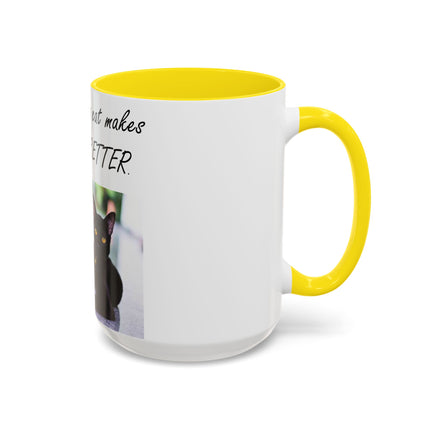 Black Cat Accent Ceramic Mug – “A Cat Makes Everything Better” – 15oz