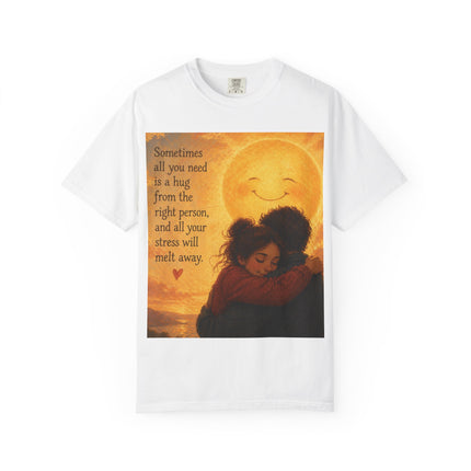 Hug Melt Away T-Shirt — Warm Sunset Illustration & Quote