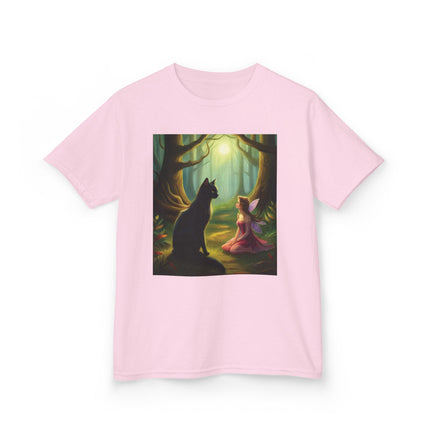 Enchanted Forest Kids Tee – Magical Fairy & Black Cat Design