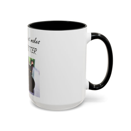 Cat Lover Accent Coffee Mug — "In my world, a cat makes everything BETTER" (11/15oz)