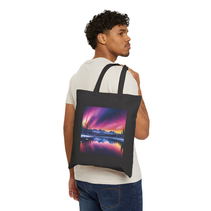 Aurora Night Sky Canvas Tote — Colorful Northern Lights Landscape Tote Bag