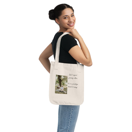 Organic Canvas Tote – Aging with Grace Quote & Yoga Art