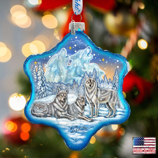 Winter Wolves Snowflake Glass Ornament by G. DeBrekht - Wildlife Holiday Decor - 754-012-0