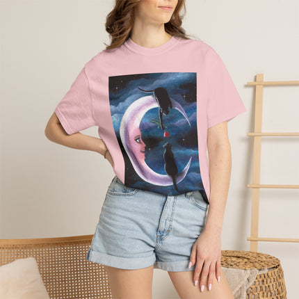 Moonlight Cats Graphic T‑Shirt — Romantic Crescent Moon Art Tee