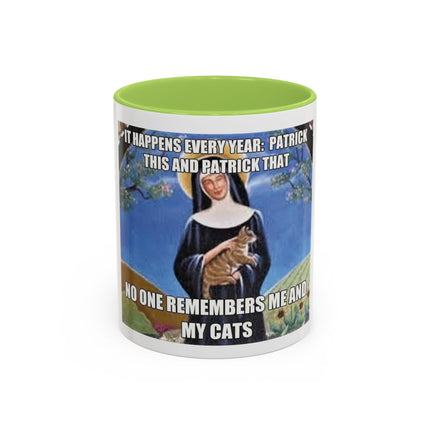 Saint with Cats Coffee Mug – "No One Remembers Me and My Cats" Accent Mug