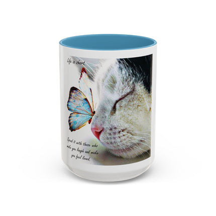 Cat & Butterfly Coffee Mug with 'Life is Short' Inspirational Quote (Accent, 11/15oz)