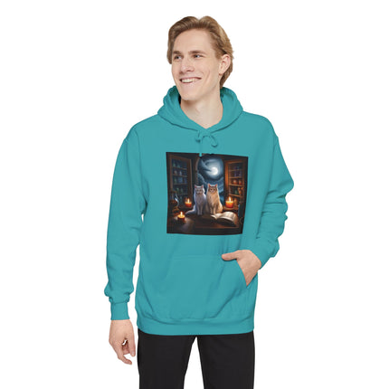 Mystic Cat Library Hoodie — Moonlit Cats, Candles & Spellbook Graphic Hoodie