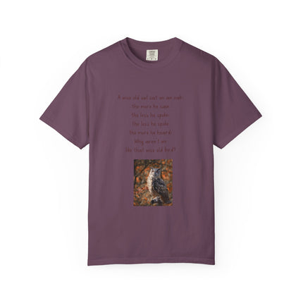 Poem & Owl Graphic T‑Shirt — 'A wise old owl...' Nature Poetry Tee