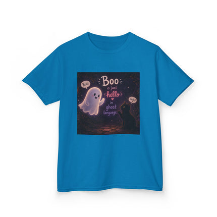 Kids Halloween Tee — "Boo: Hello Ghost Language" Cute Ghost Shirt