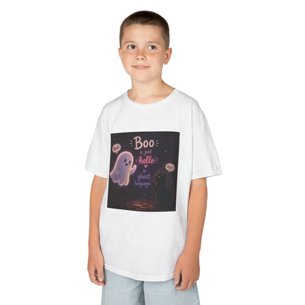 Kids Halloween Tee — "Boo: Hello Ghost Language" Cute Ghost Shirt
