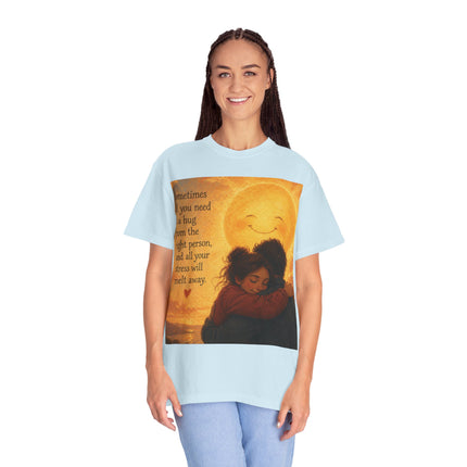 Hug Melt Away T-Shirt — Warm Sunset Illustration & Quote